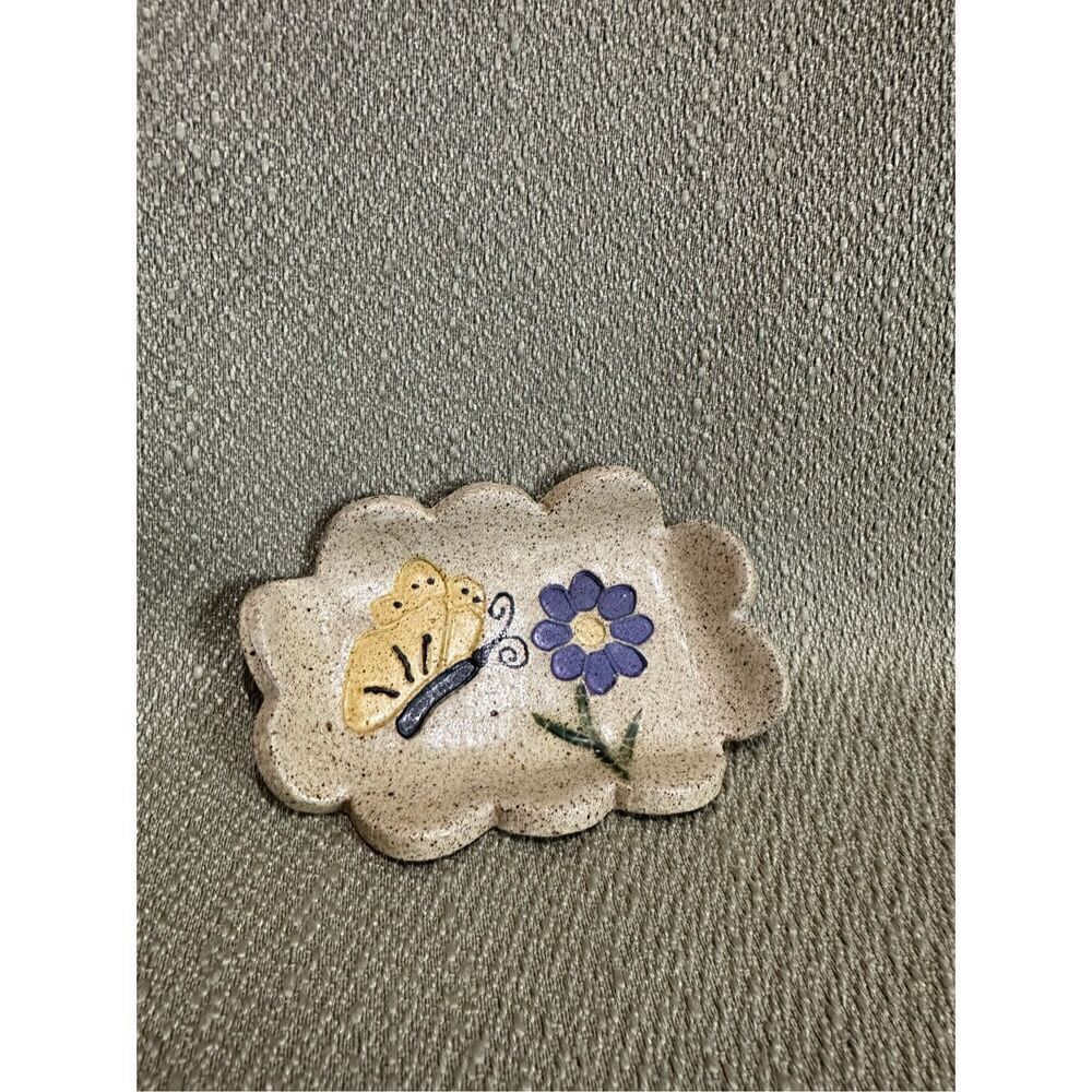 Butterfly and Flower Stoneware Pottery Soap Dish Muddy Moses and Mom Signed 4.5”